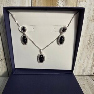 Silver Tone Black Oval Halo Pendant Necklace and Drop Earrings Jewelry Set Boxed
